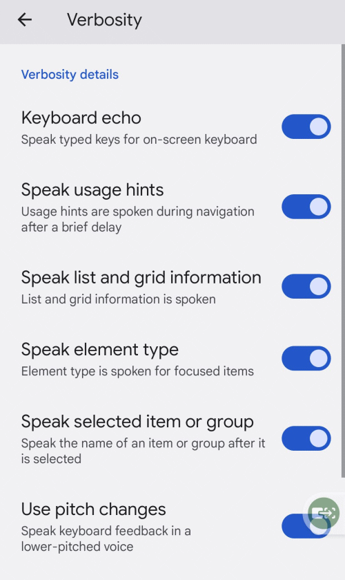 Tap Verbosity and use the toggle switches to adjust the level of spoken feedback